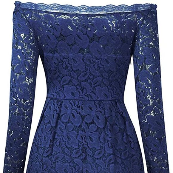 Off Shoulder Lace Retro Pinup Vintage 1950s Long Sleeves Swing Navy Dress L NWT - Picture 5 of 13